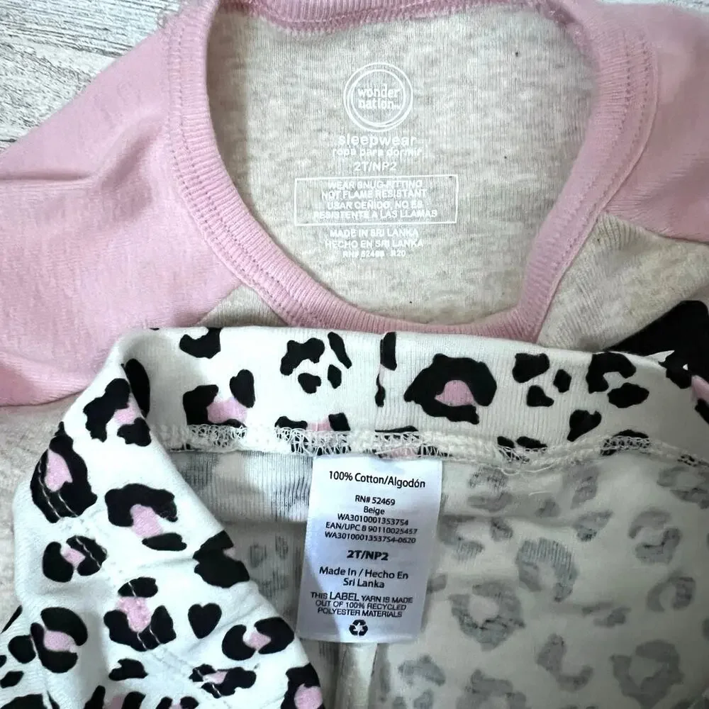 🍄3/$15 Wonder Nation Pajama Set Girls 2T Two Piece Leopard Cat Sleepwear
